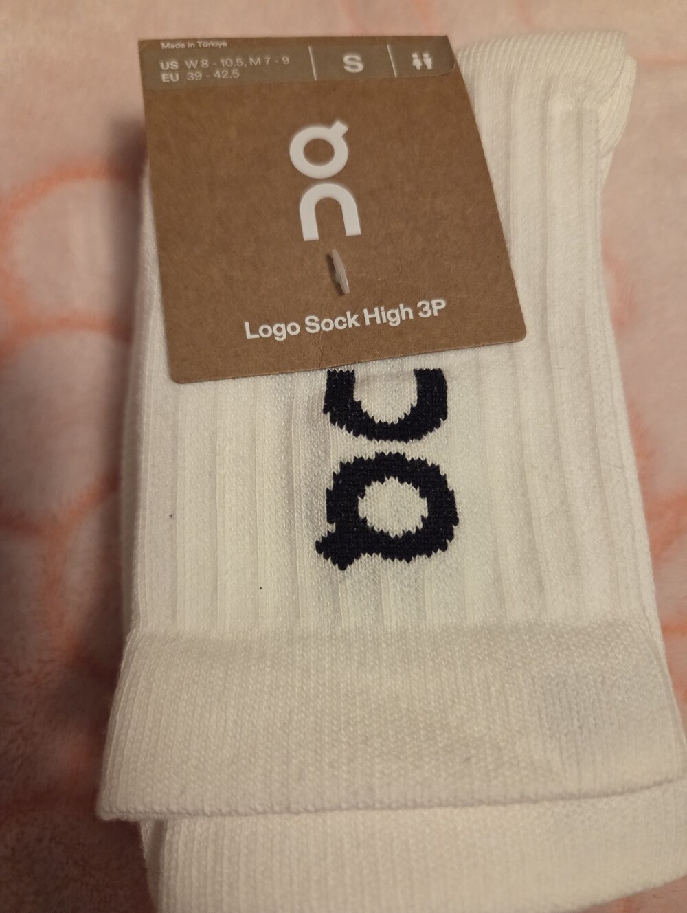 On Running White Crew Socks with Black Logo - Ribbed Athletic 3 Pairs
